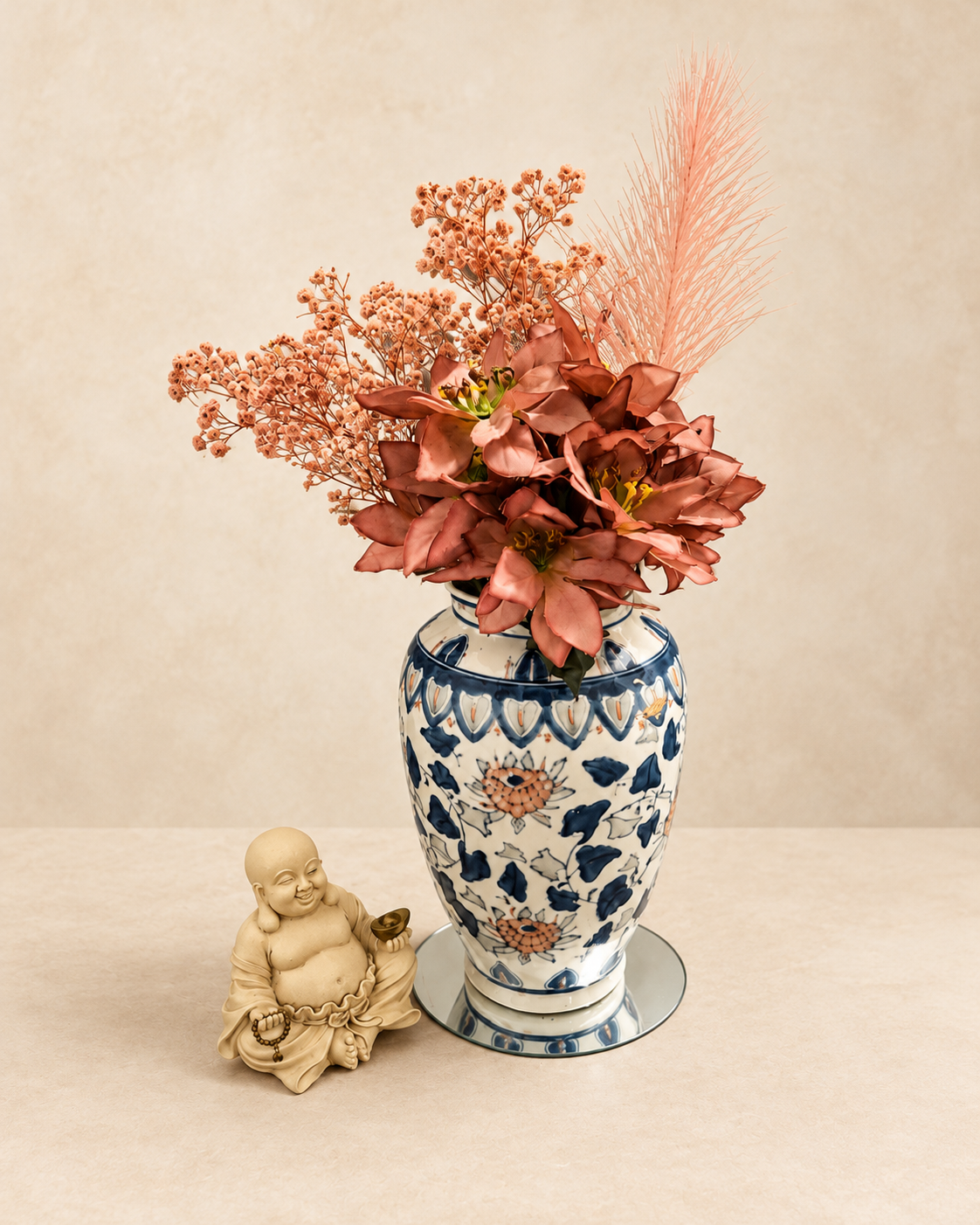 Copper autumn foliage in a blue-and-white patterned vase against a light cream background