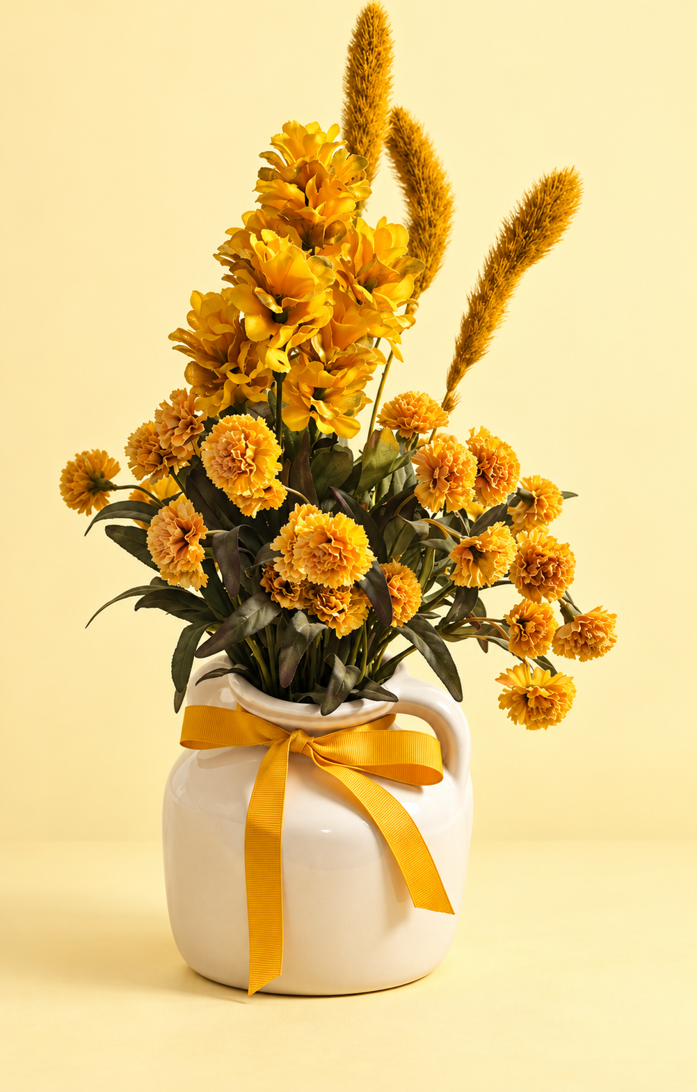 Golden yellow artificial flowers in a cream pitcher with a yellow bow against a light yellow background