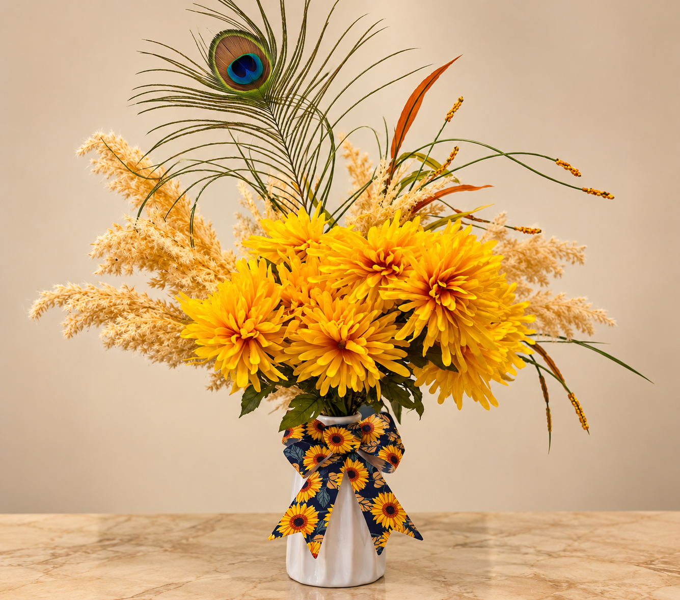 Golden flowers and a peacock feather in a white vase tied with a sunflower ribbon
