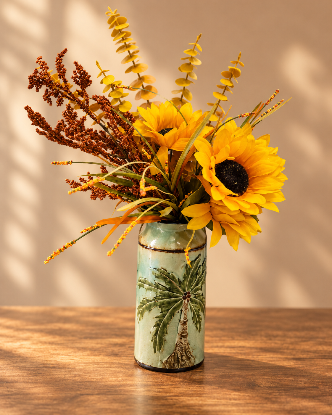 Autumn sunflowers in a tall green metal vase with a palm tree design