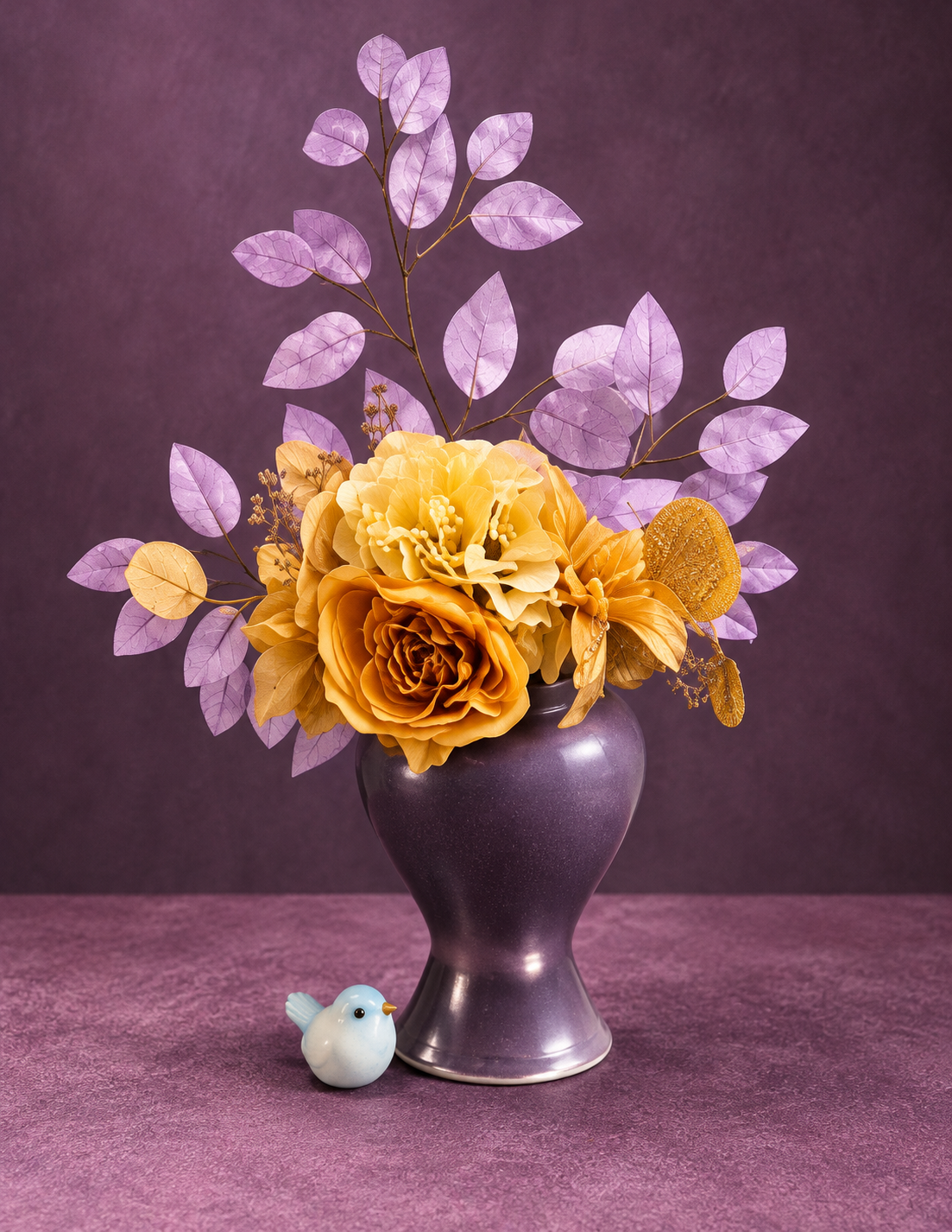 Golden flowers and tall lavender leaves in a purple pedestal vase beside a small pale blue bird