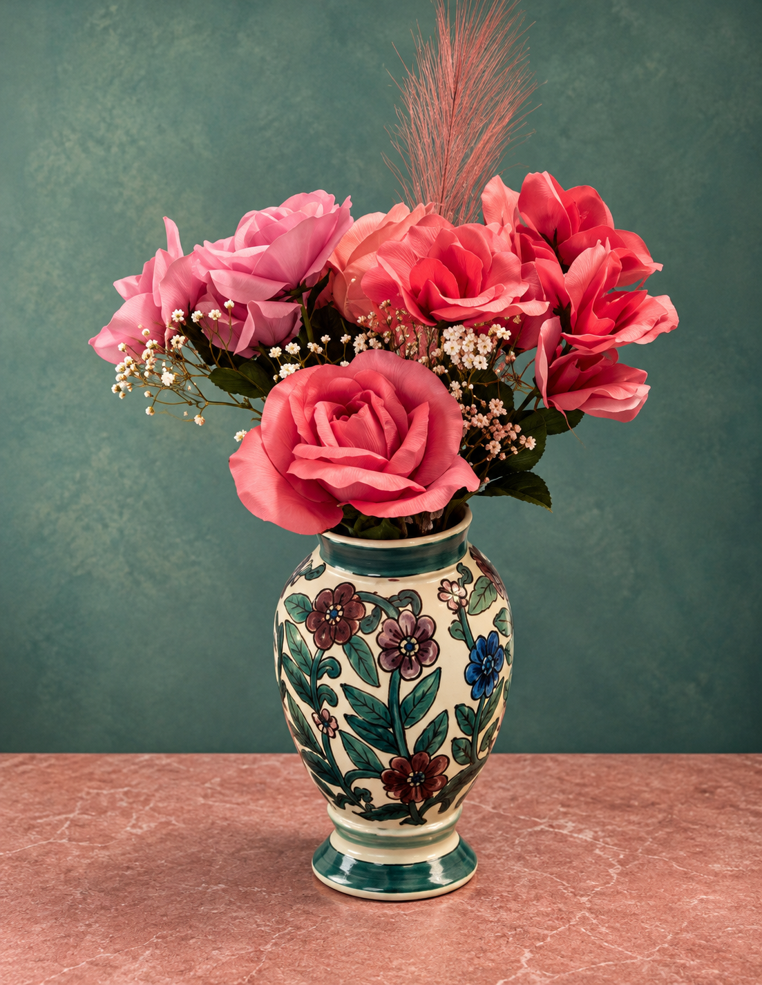 Pink and coral roses with baby's breath in a cream floral-patterned vase with a dark green rim and base