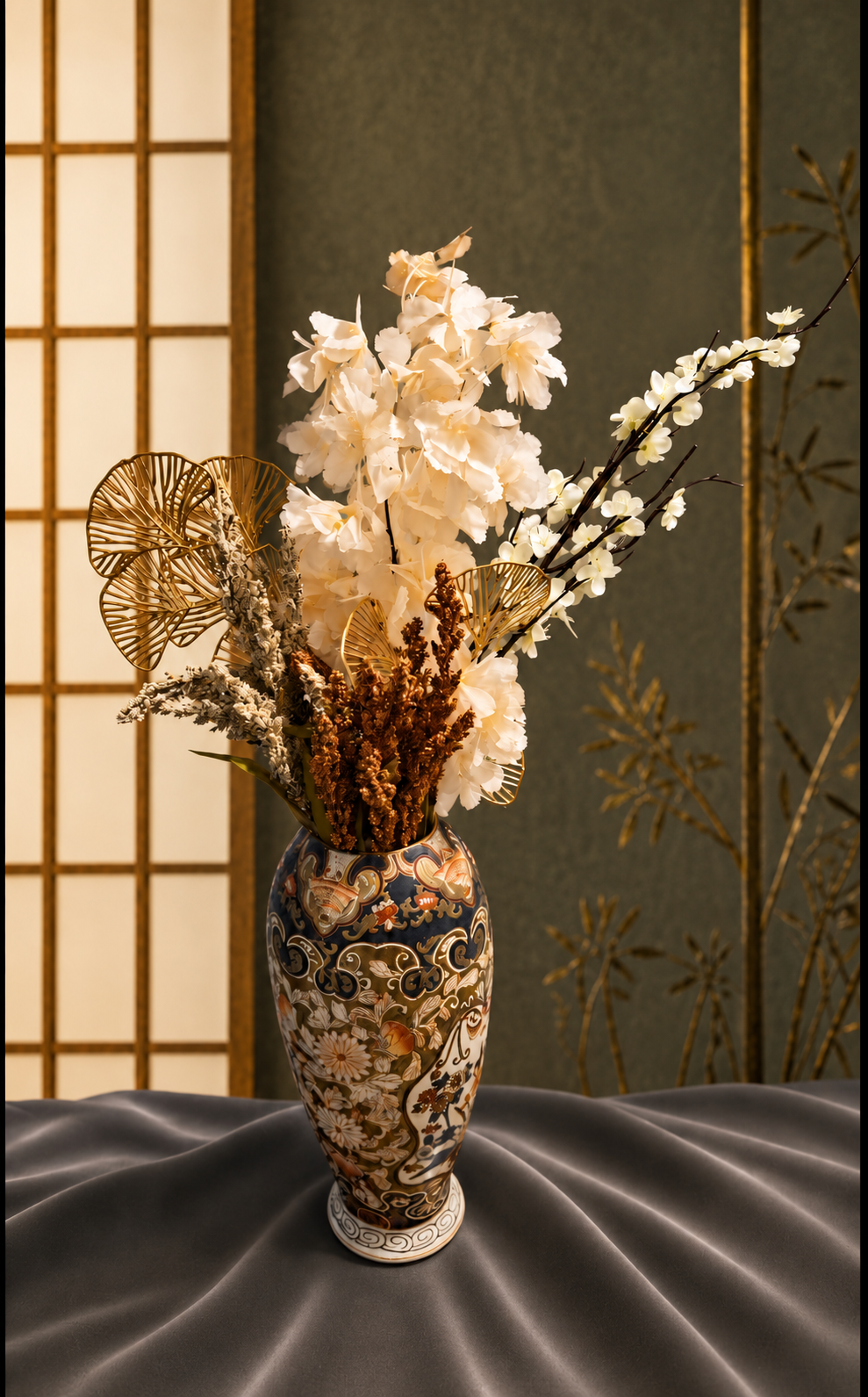 Ivory flowers, white flowering branches, gold fan leaves and dried botanicals in a tall patterned vintage Asian vase, with warm folding screens behind it